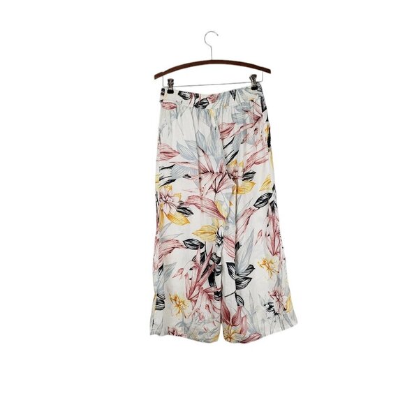 C&C California Wide Leg Linen Pull On Cropped Pants White Tropical Floral Size S - Picture 2 of 7